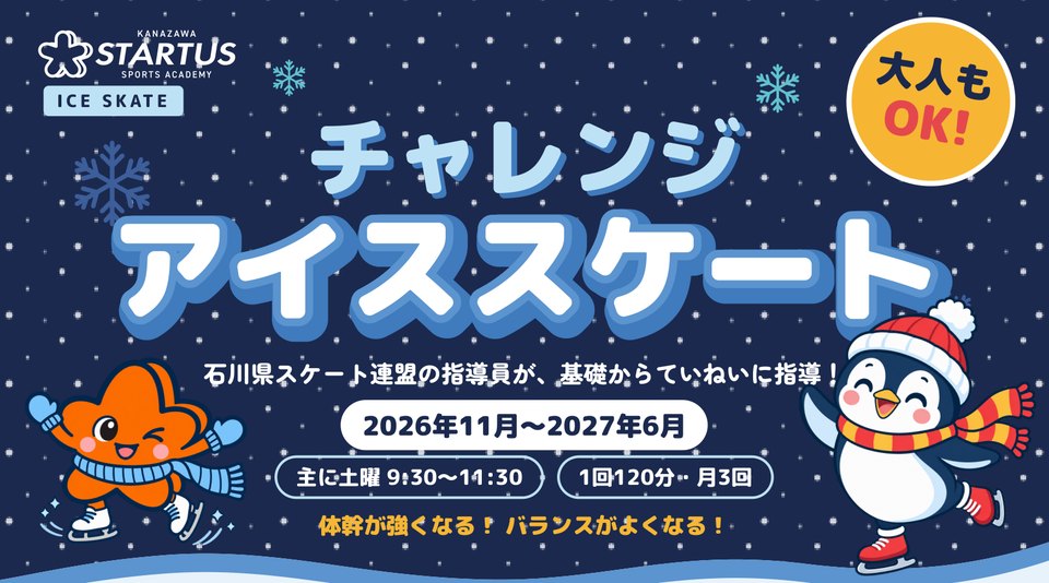 チャレンジアイススケート チラシのタイトル部分（2026年11月〜2027年6月・主に土曜9:30〜11:30・1回120分・月3回）